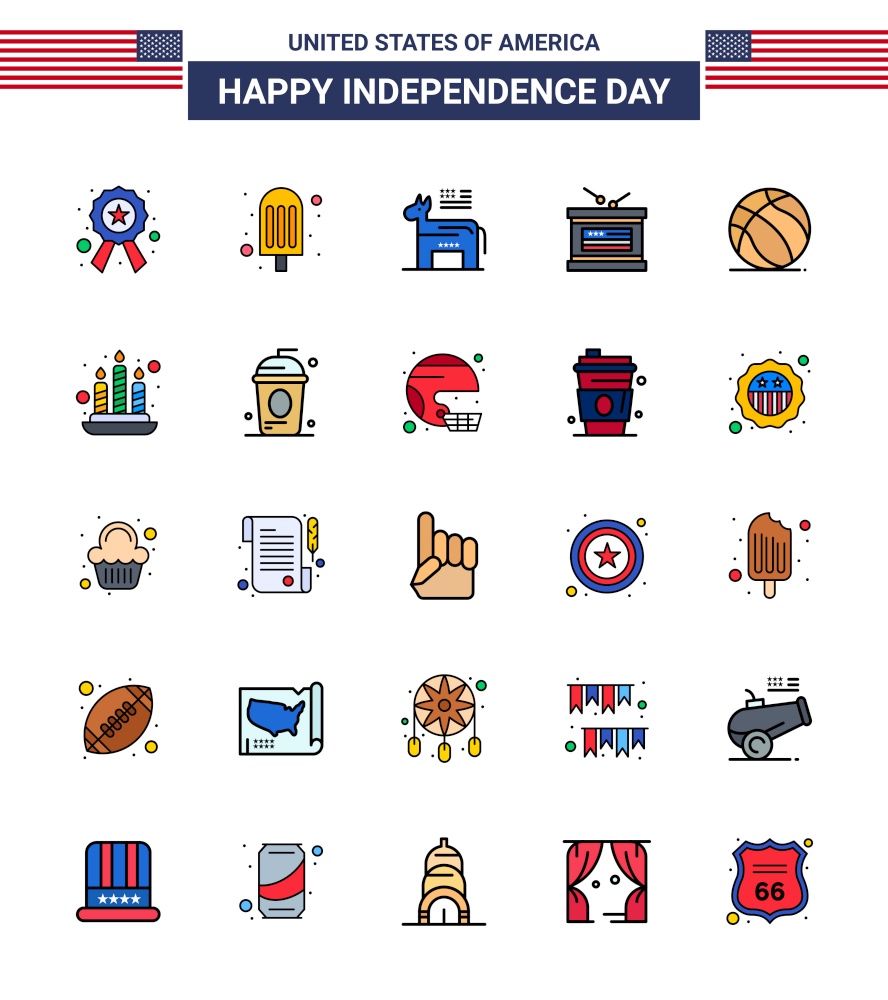 Happy Independence Day USA Pack of 25 Creative Flat Filled Lines of american; football; american; independence day; holiday Editable USA Day Vector Design Elements
