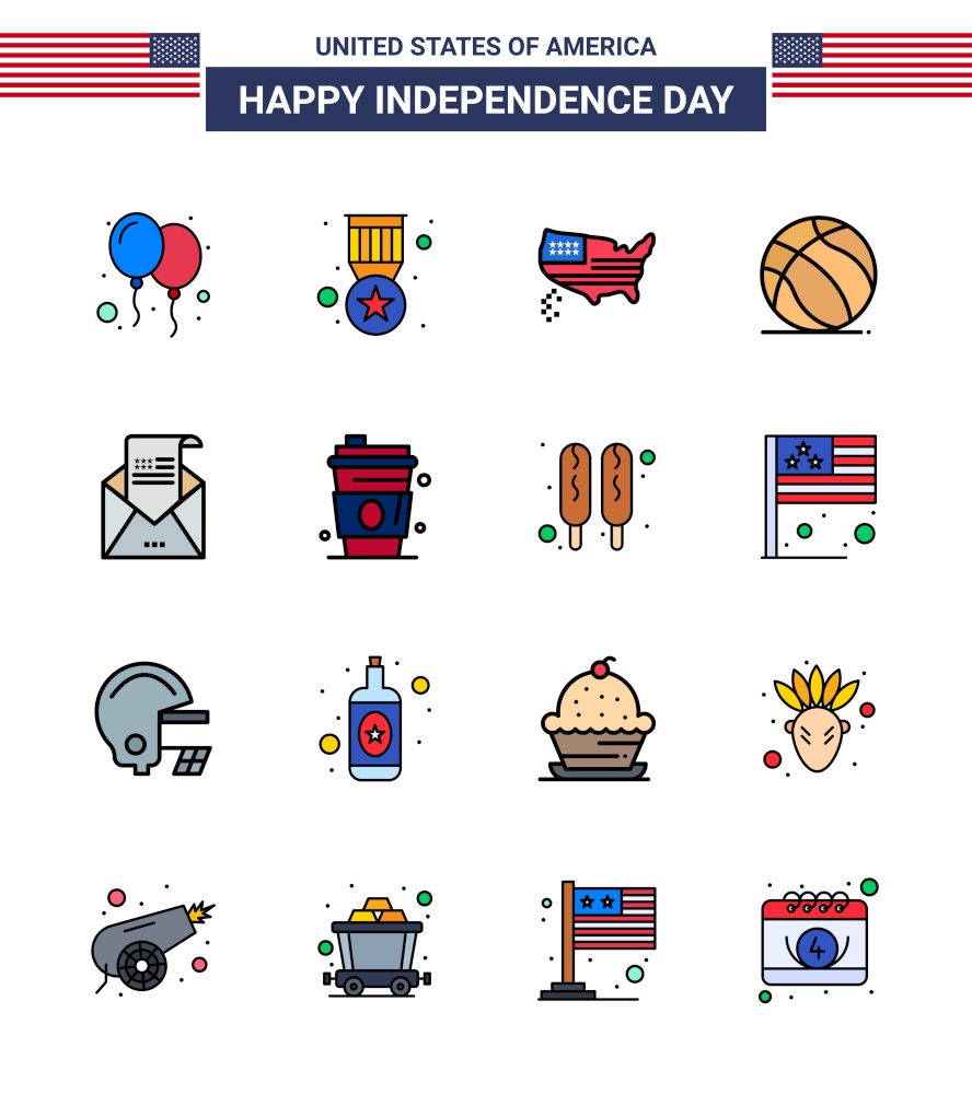 Big Pack of 16 USA Happy Independence Day USA Vector Flat Filled Lines and Editable Symbols of envelope; usa; american; american; football Editable USA Day Vector Design Elements