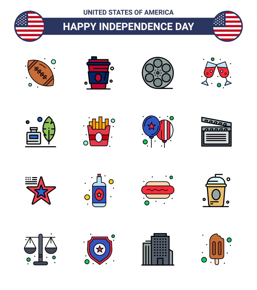 Big Pack of 16 USA Happy Independence Day USA Vector Flat Filled Lines and Editable Symbols of ink bottle; adobe; movis; wine glass; beer Editable USA Day Vector Design Elements