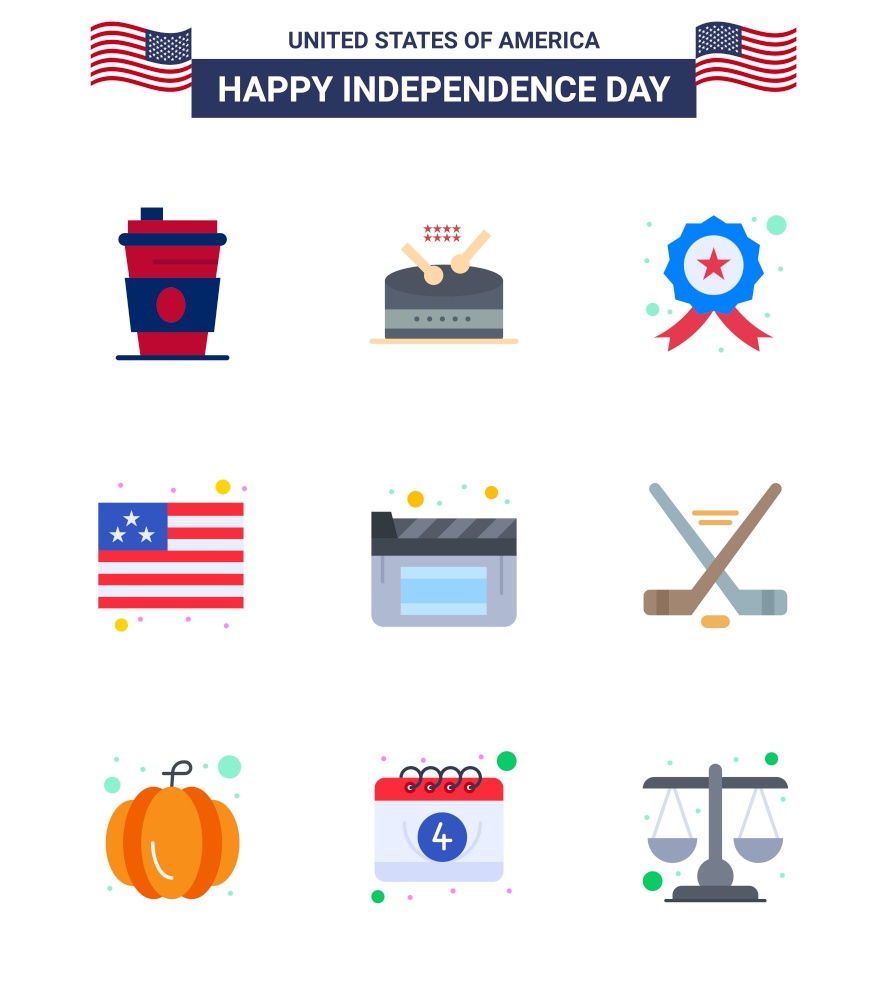 Stock Vector Icon Pack of American Day 9 Line Signs and Symbols for film; cinema; badge; usa; country Editable USA Day Vector Design Elements