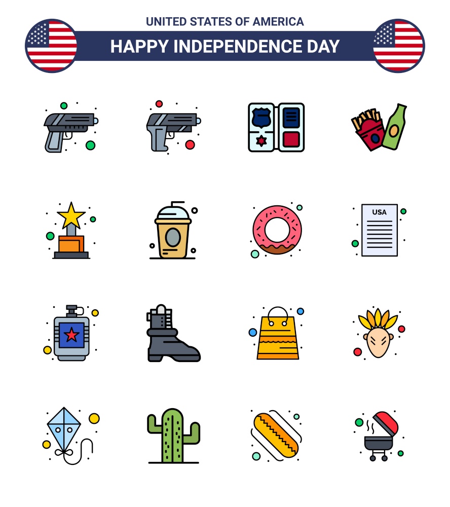 Stock Vector Icon Pack of American Day 16 Line Signs and Symbols for holiday; cole; bottle; cake; award Editable USA Day Vector Design Elements