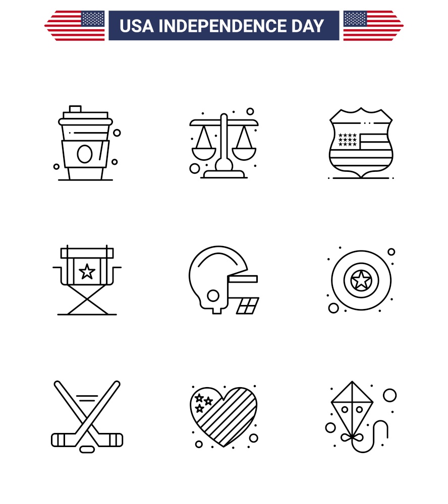 Line Pack of 9 USA Independence Day Symbols of american; star; shield; movies; chair Editable USA Day Vector Design Elements