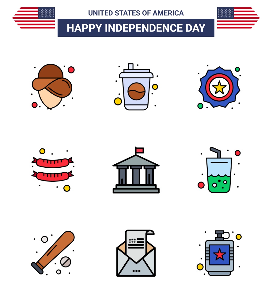 Flat Filled Line Pack of 9 USA Independence Day Symbols of usa; flag; security; bank; frankfurter Editable USA Day Vector Design Elements