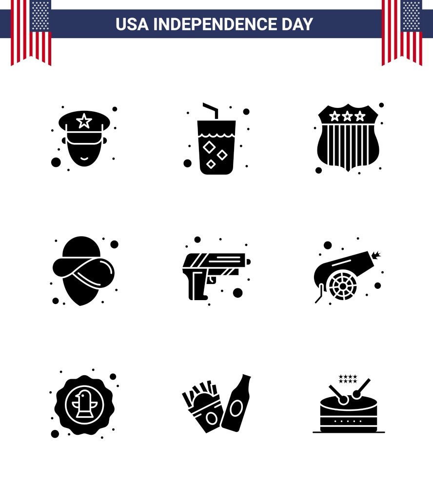 Set of 9 Vector Solid Glyphs on 4th July USA Independence Day such as army; army; investigating; security; hat Editable USA Day Vector Design Elements