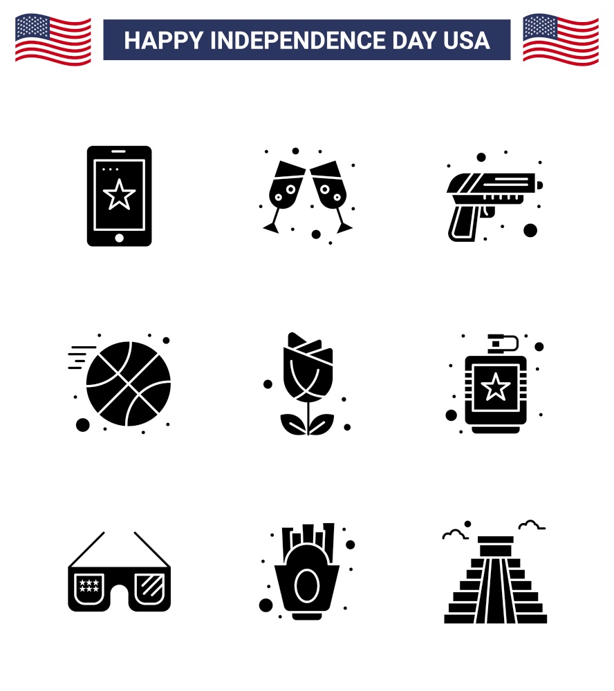 Group of 9 Solid Glyphs Set for Independence day of United States of America such as plent; imerican; security; flower; ball Editable USA Day Vector Design Elements