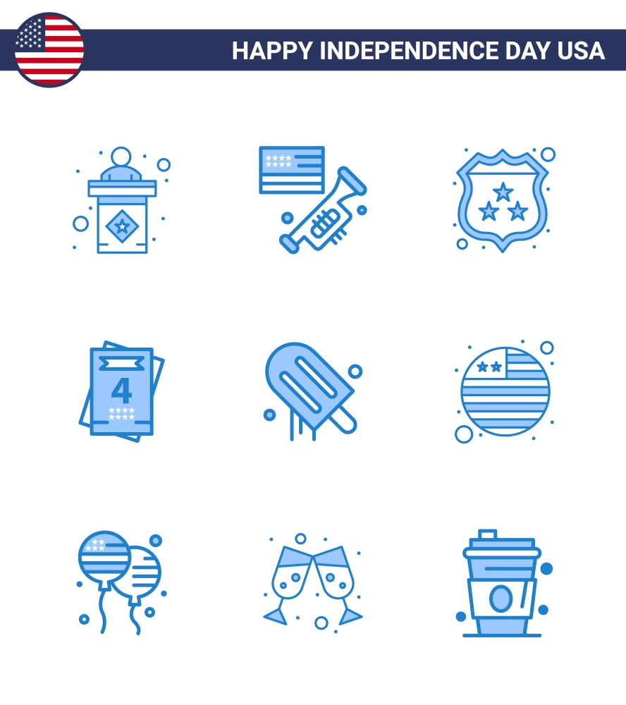 9 USA Blue Pack of Independence Day Signs and Symbols of american; icecream; american; wedding; invitation Editable USA Day Vector Design Elements