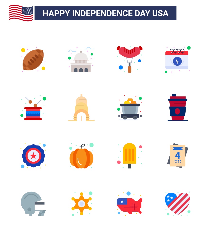 USA Happy Independence DayPictogram Set of 16 Simple Flats of drum; day; white; date; american Editable USA Day Vector Design Elements