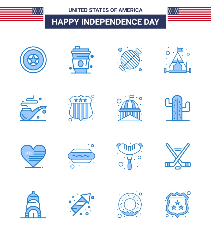 16 Creative USA Icons Modern Independence Signs and 4th July Symbols of smoke; tent; food; camping; party Editable USA Day Vector Design Elements