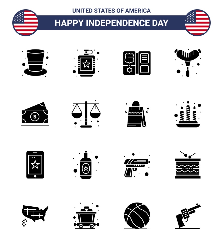 Pack of 16 USA Independence Day Celebration Solid Glyphs Signs and 4th July Symbols such as money; sausage; liquid; frankfurter; star Editable USA Day Vector Design Elements