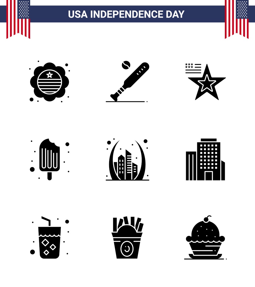 Group of 9 Solid Glyphs Set for Independence day of United States of America such as arch; food; usa; cream; usa Editable USA Day Vector Design Elements