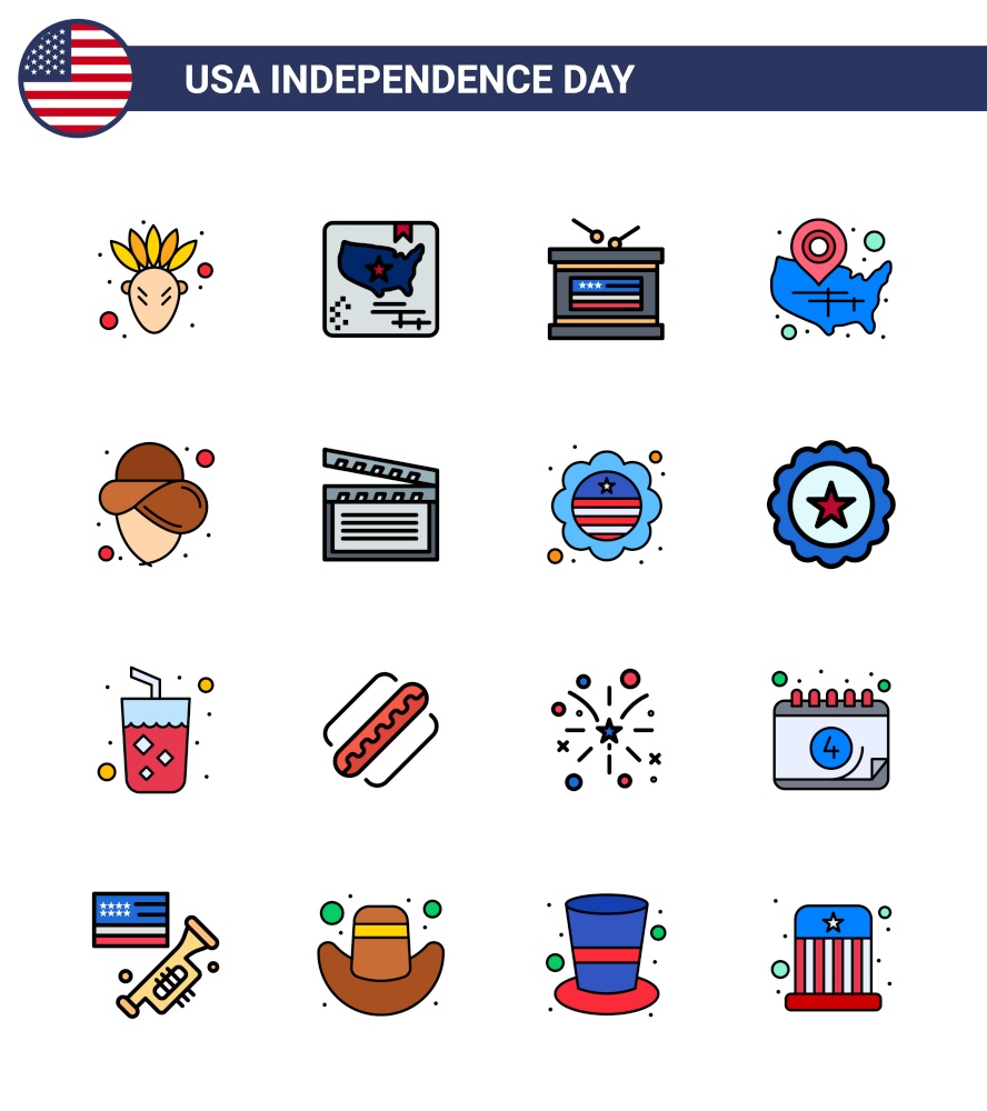 16 Creative USA Icons Modern Independence Signs and 4th July Symbols of cowboy; location pin; holiday; wisconsin; states Editable USA Day Vector Design Elements