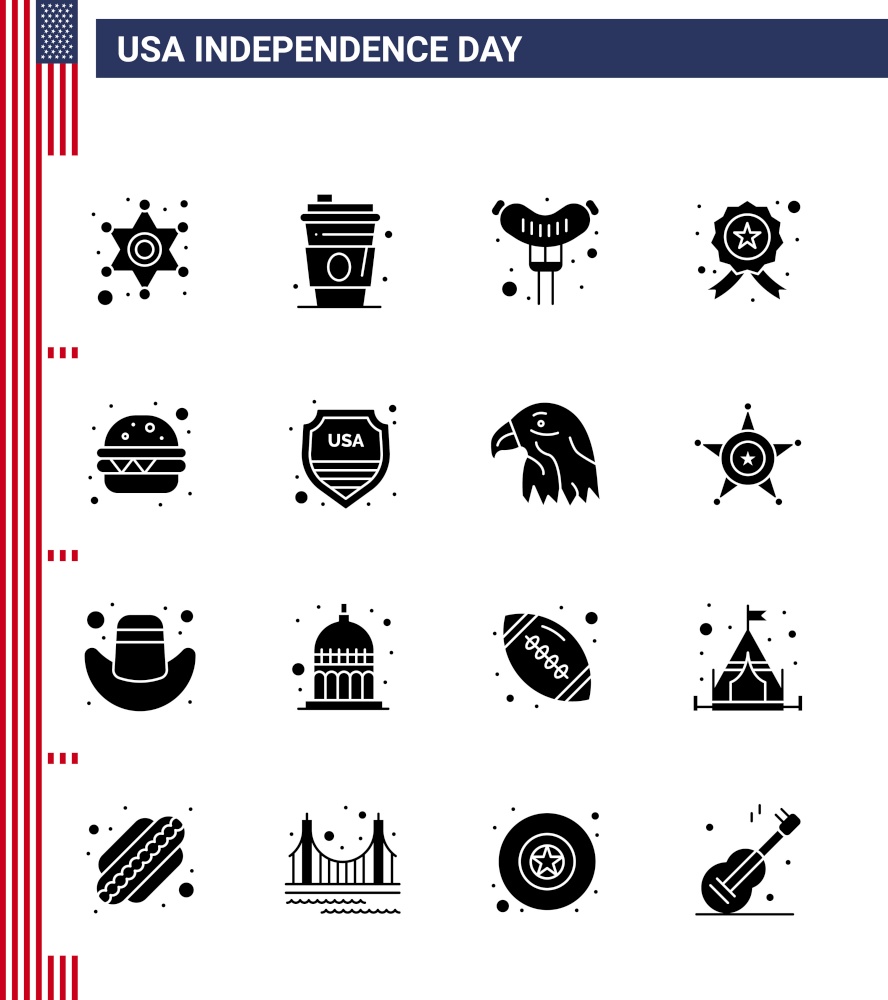 USA Happy Independence DayPictogram Set of 16 Simple Solid Glyphs of meal; burger; food; police; investigating Editable USA Day Vector Design Elements