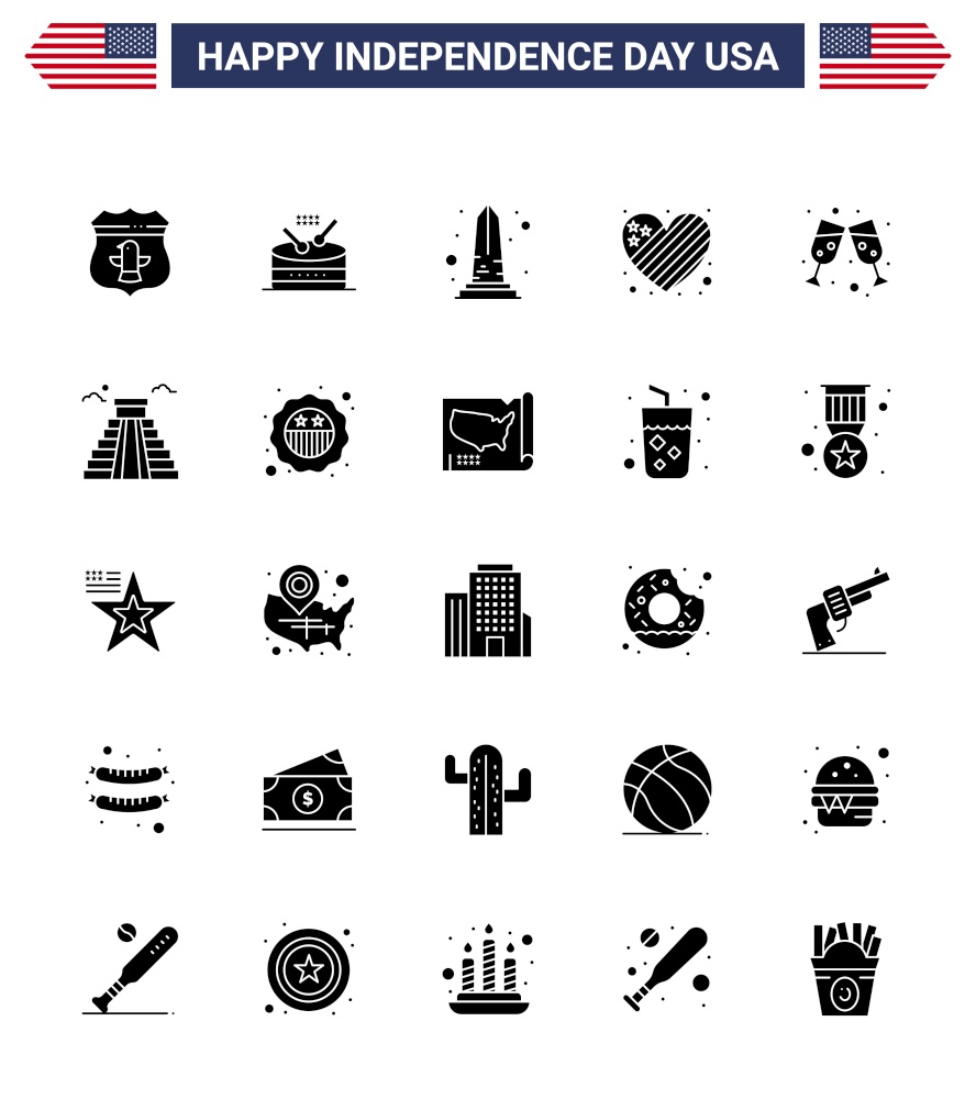 Happy Independence Day USA Pack of 25 Creative Solid Glyph of beer; heart; landmark; flag; washington Editable USA Day Vector Design Elements