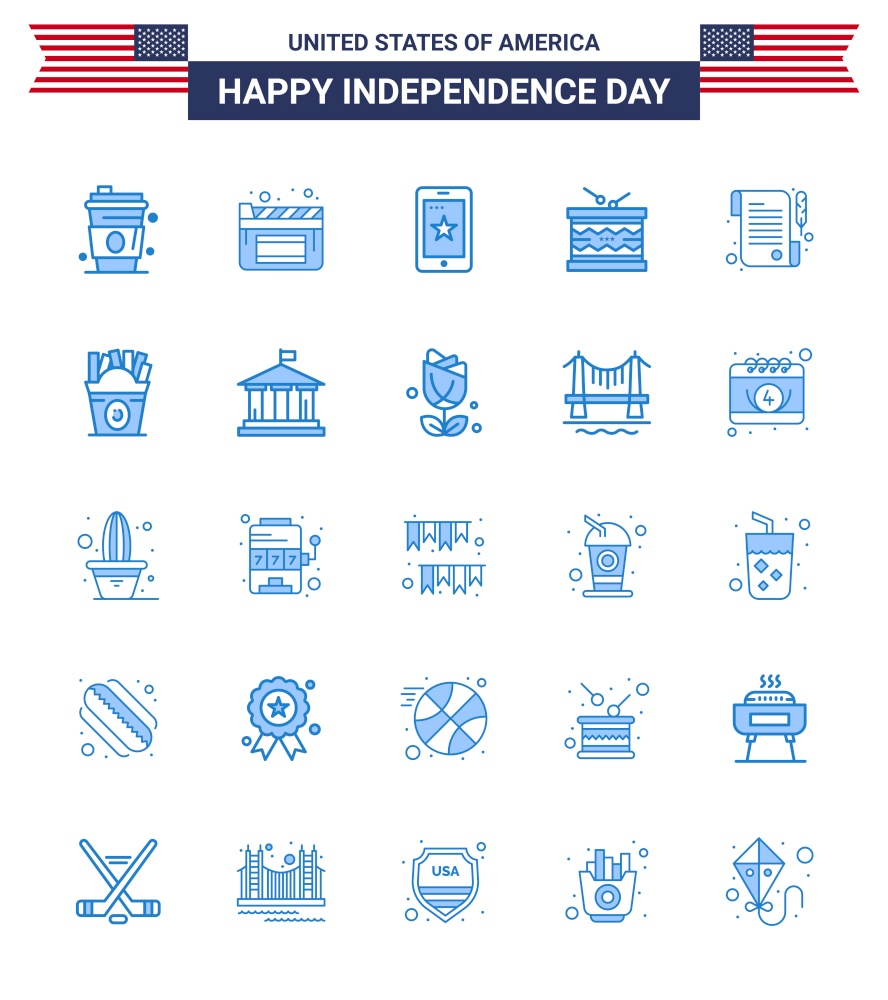 USA Independence Day Blue Set of 25 USA Pictograms of receipt; st; phone; parade; instrument Editable USA Day Vector Design Elements