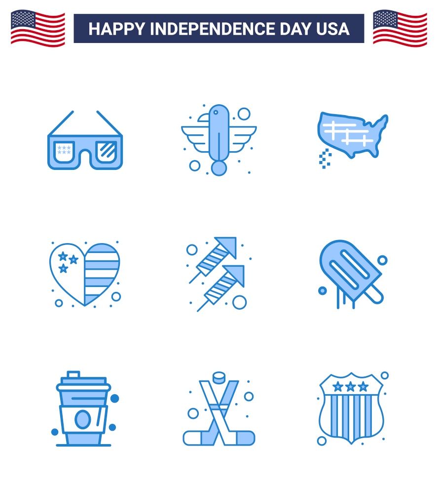 Group of 9 Blues Set for Independence day of United States of America such as celebration; flag; state; country; usa Editable USA Day Vector Design Elements