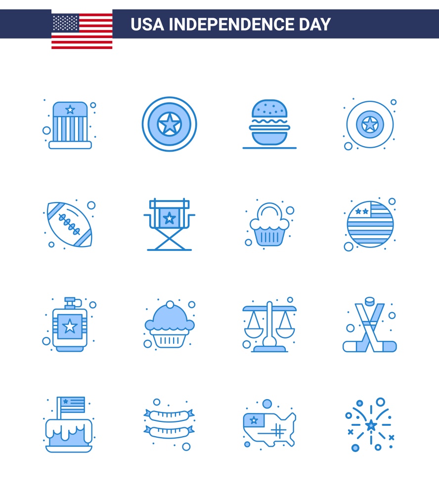 Happy Independence Day Pack of 16 Blues Signs and Symbols for sports; ball; burger; star; badge Editable USA Day Vector Design Elements