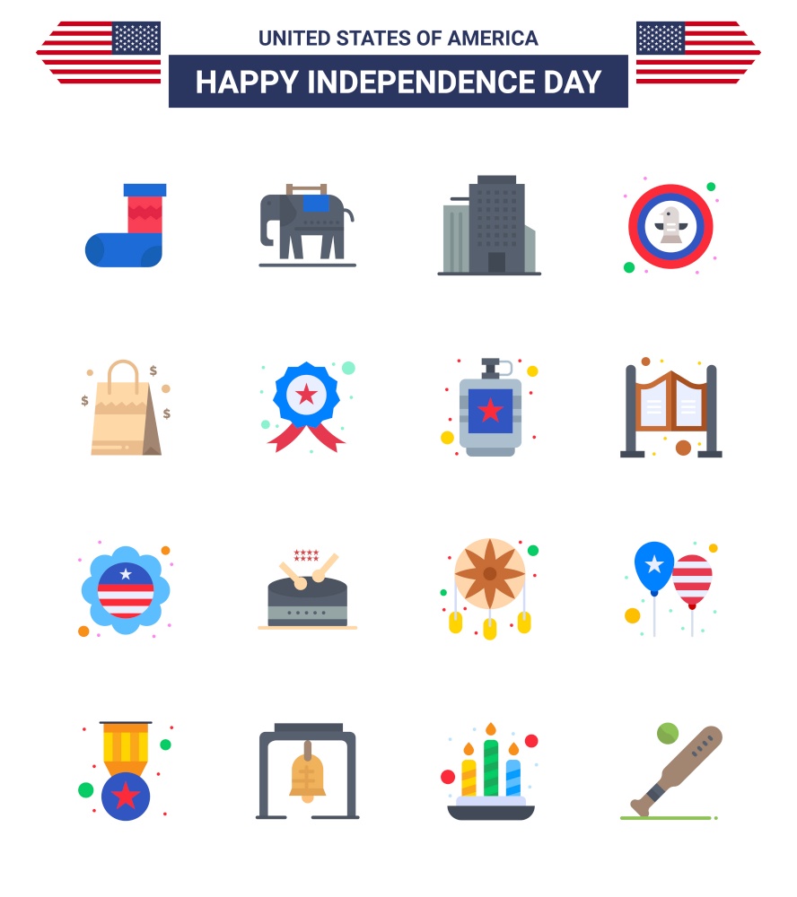 USA Independence Day Flat Set of 16 USA Pictograms of usa; bag; office; badge; celebration Editable USA Day Vector Design Elements