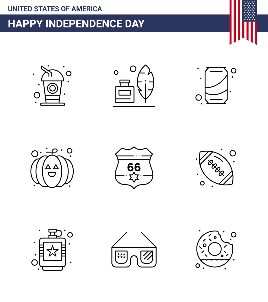 Set of 9 Vector Lines on 4th July USA Independence Day such as usa; american; beer; festival; food Editable USA Day Vector Design Elements