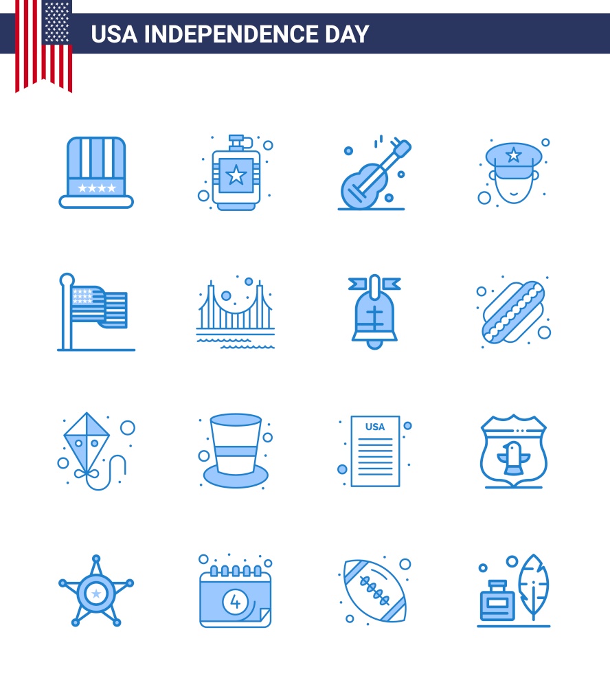 Editable Vector Line Pack of USA Day 16 Simple Blues of flag; police; liquid; officer; american Editable USA Day Vector Design Elements