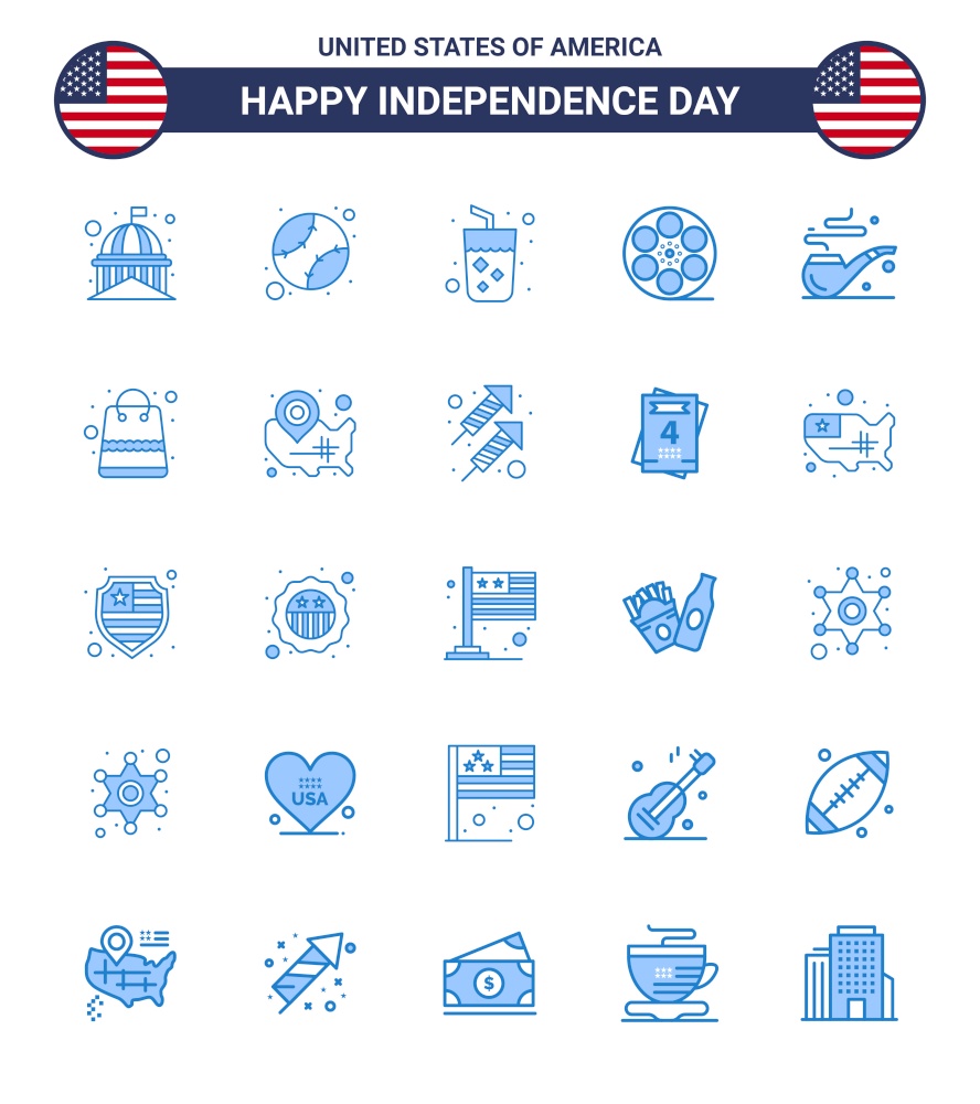 USA Happy Independence DayPictogram Set of 25 Simple Blues of pipe; video; united; play; wine Editable USA Day Vector Design Elements
