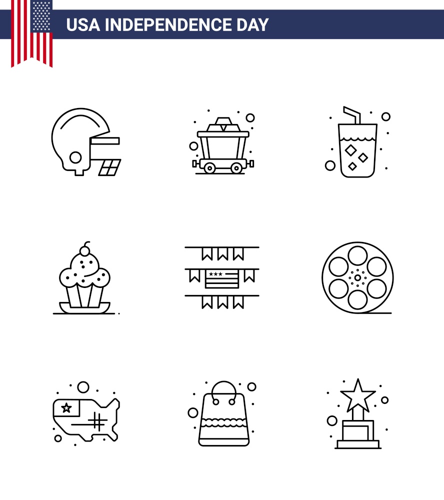 Editable Vector Line Pack of USA Day 9 Simple Lines of american; buntings; juice; thanksgiving; muffin Editable USA Day Vector Design Elements