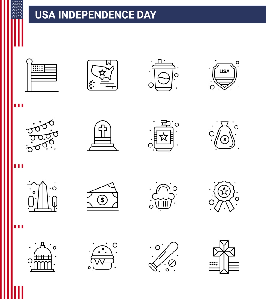 Group of 16 Lines Set for Independence day of United States of America such as party decoration; usa; bottle; sign; security Editable USA Day Vector Design Elements