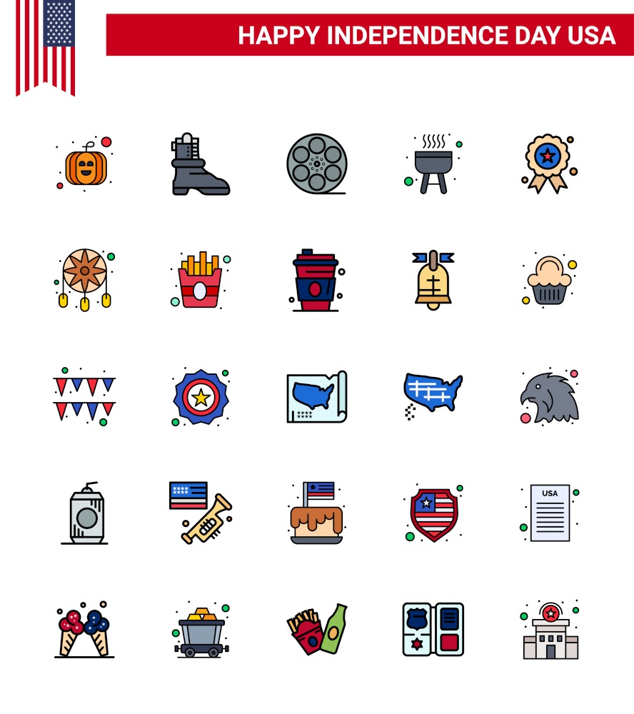 Pack of 25 USA Independence Day Celebration Flat Filled Lines Signs and 4th July Symbols such as adornment; independence day; video; independece; cook Editable USA Day Vector Design Elements