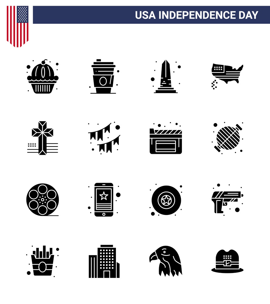 Solid Glyph Pack of 16 USA Independence Day Symbols of american; thanksgiving; landmark; map; washington Editable USA Day Vector Design Elements