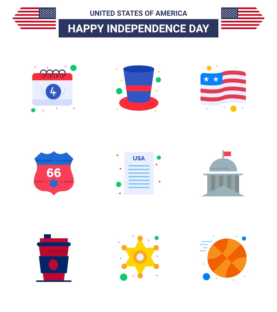 Stock Vector Icon Pack of American Day 9 Line Signs and Symbols for democratic; declaration; country; security; shield Editable USA Day Vector Design Elements