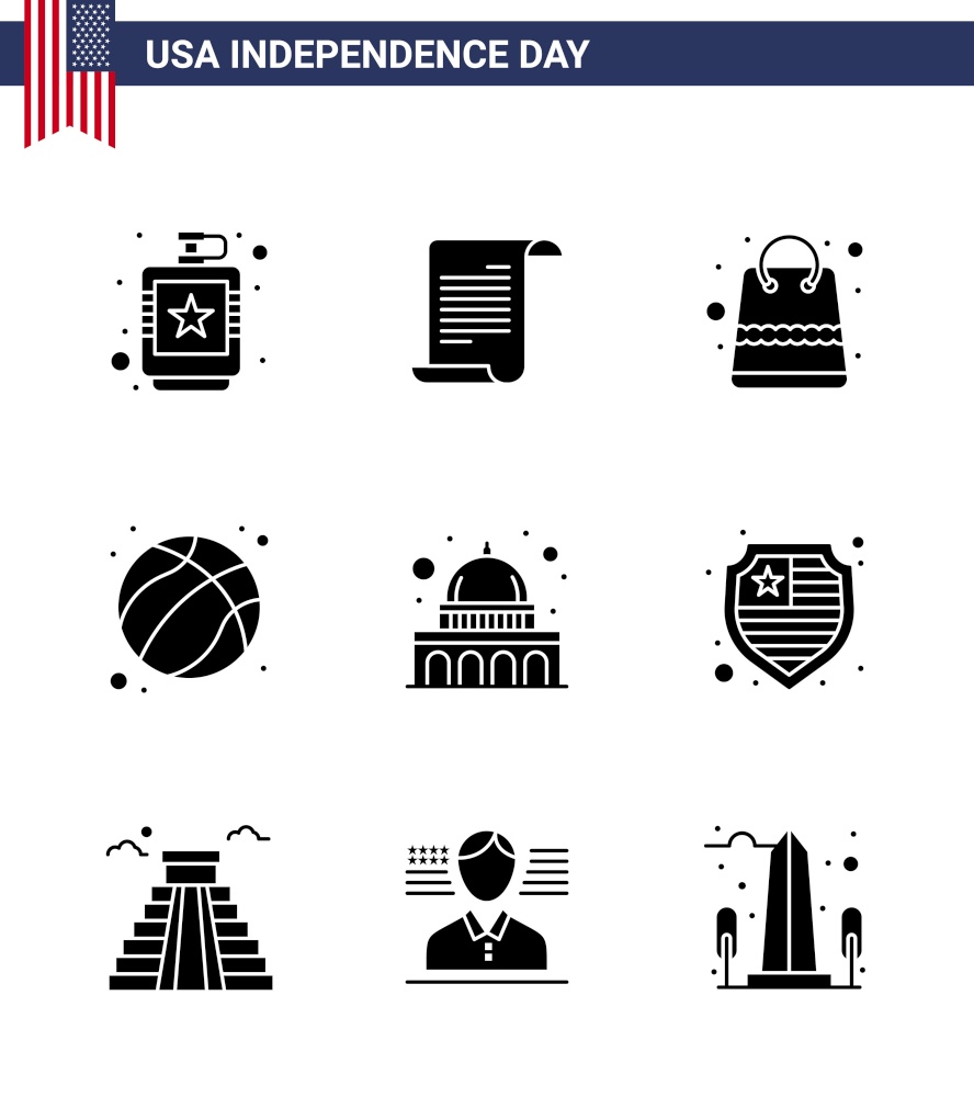 Modern Set of 9 Solid Glyphs and symbols on USA Independence Day such as capitol; football; usa; ball; shop Editable USA Day Vector Design Elements