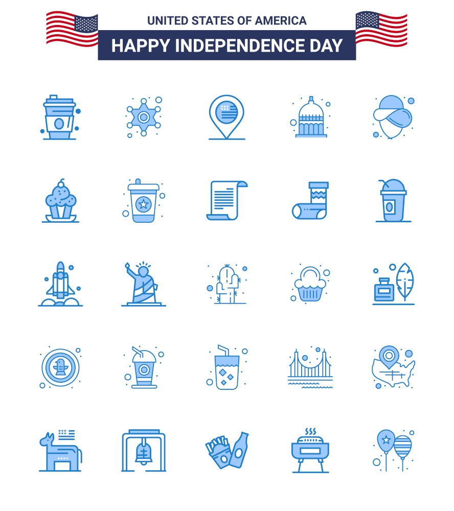 Modern Set of 25 Blues and symbols on USA Independence Day such as cowboy; usa; american; statehouse; indiana Editable USA Day Vector Design Elements