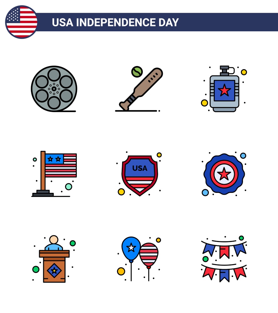 USA Happy Independence DayPictogram Set of 9 Simple Flat Filled Lines of usa; flag; usa; country; hip Editable USA Day Vector Design Elements