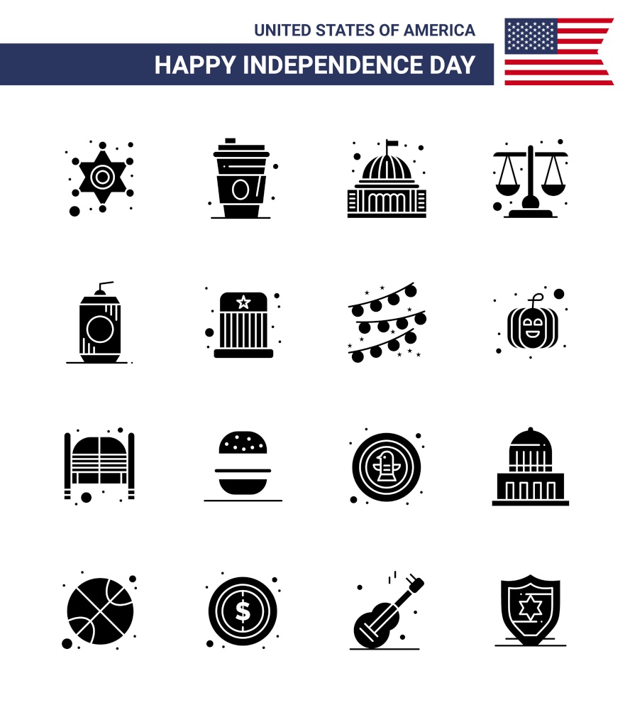 Big Pack of 16 USA Happy Independence Day USA Vector Solid Glyphs and Editable Symbols of bottle; law; place; justice; white Editable USA Day Vector Design Elements