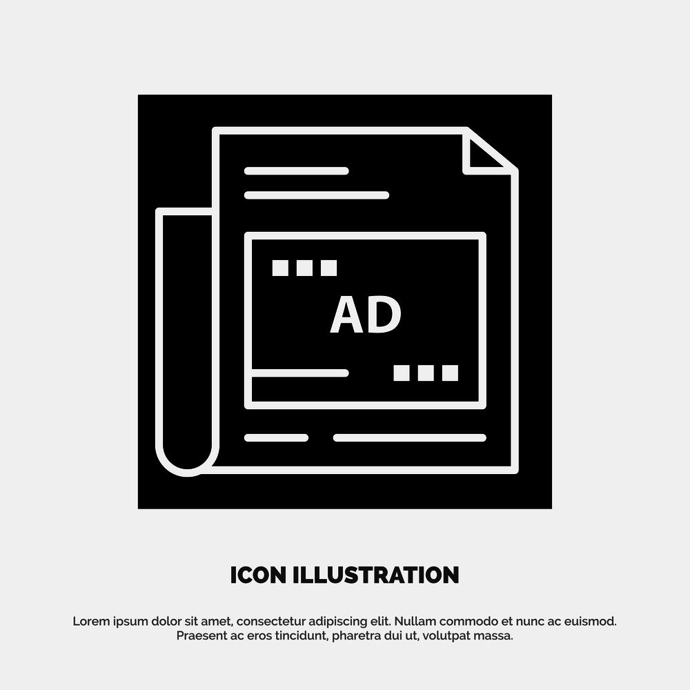 Newspaper, Ad, Paper, Headline solid Glyph Icon vector