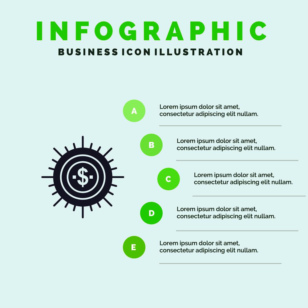 Money, Budget, Cash, Finance, Flow, Spend, Ways Solid Icon Infographics 5 Steps Presentation Background