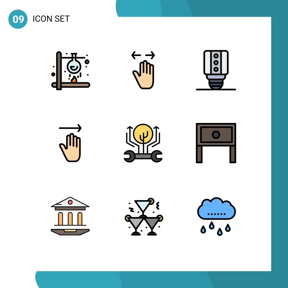 Group of 9 Filledline Flat Colors Signs and Symbols for development, gestures, right, arrow, light Editable Vector Design Elements
