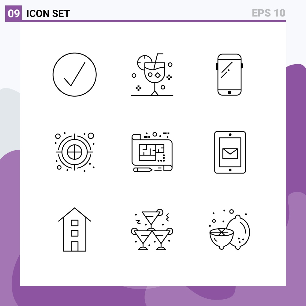 Set of 9 Vector Outlines on Grid for dartboard, color fill, ice, archery arrow, huawei Editable Vector Design Elements