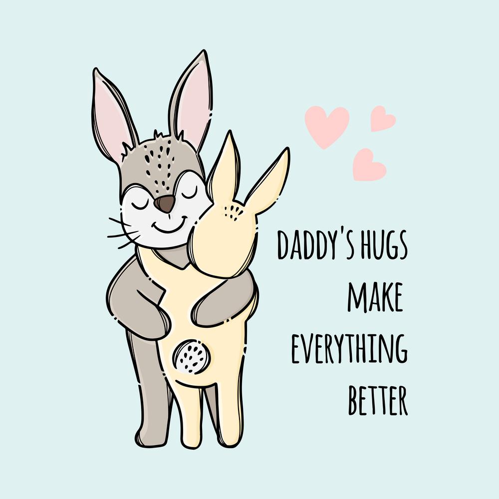 FATHERS DAY Hare Hugs His Son Cartoon Vector Illustration Set