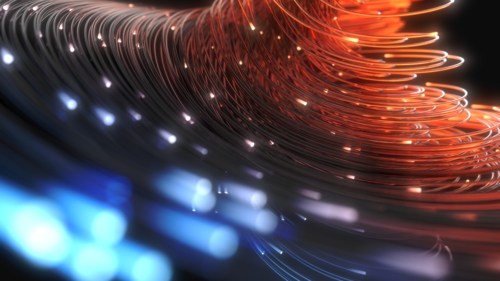 blue and orange glowing fiber optic strings. suitable for technology, network, internet and computer themes. 3d illustration. blue and orange fiber optic strings in dark. 3d illustration