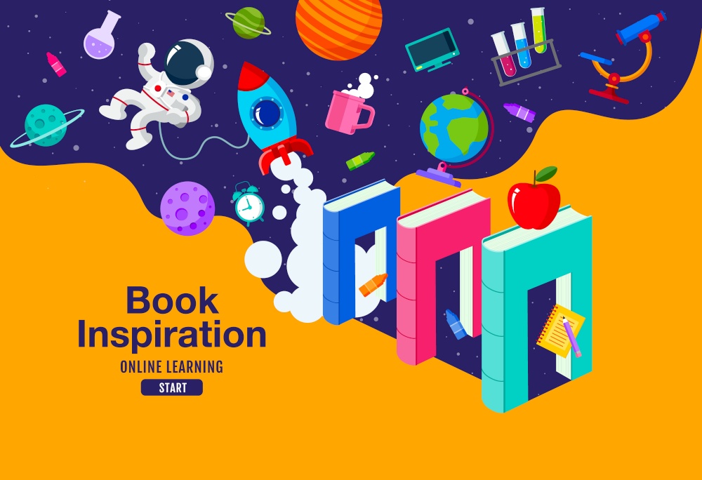Book Inspiration, Online Learning, study from home, back to school, flat design vector.