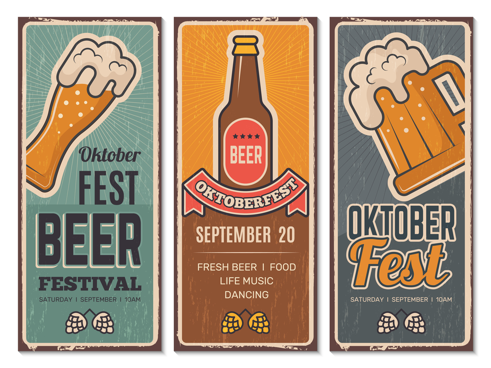 Beer festival invitation. Oktoberfest vintage banners with pictures of craft beers lager germany bavaria pub drink menu vector retro . Oktoberfest invitation, pub poster vintage illustration. Beer festival invitation. Oktoberfest vintage banners with pictures of craft beers lager germany bavaria pub drink menu pictures vector retro template