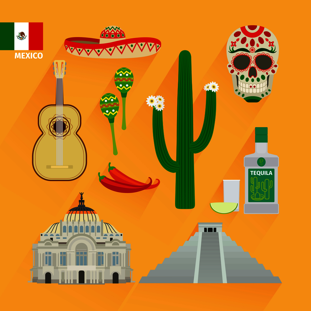 Mexico icons and flag in flat style. Mexico landmarks icons