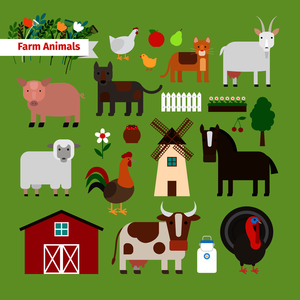 Farm animals and farm elements in flat style on green background. Farm animals