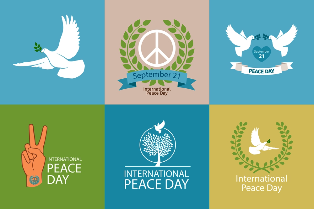 International Day of Peace Poster Templates with white dove and olive branch. International Day of Peace Poster