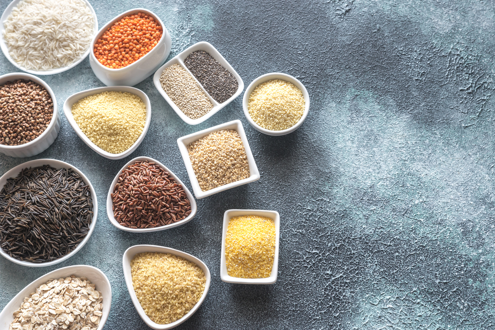 Assortment of grains on the gray background