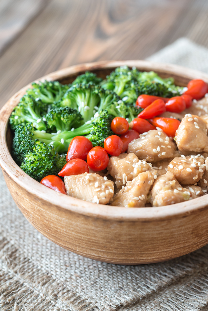 Bowl of broccoli and chicken stir-fry