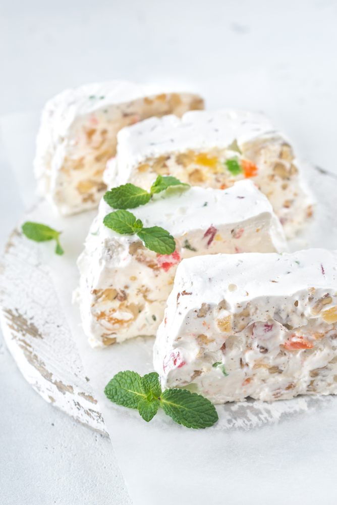 White nougat with fresh mint leaves