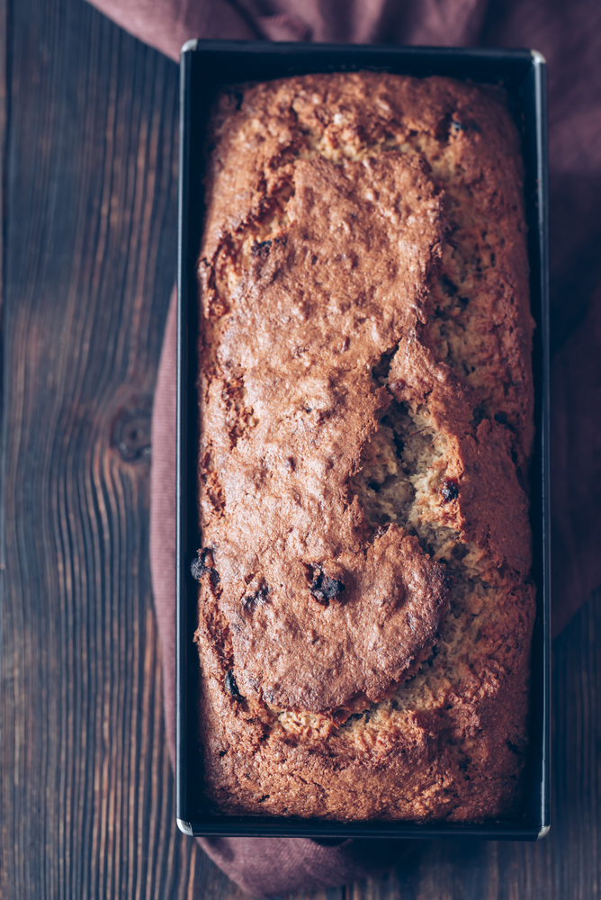 Loaf of banana bread in the baking form