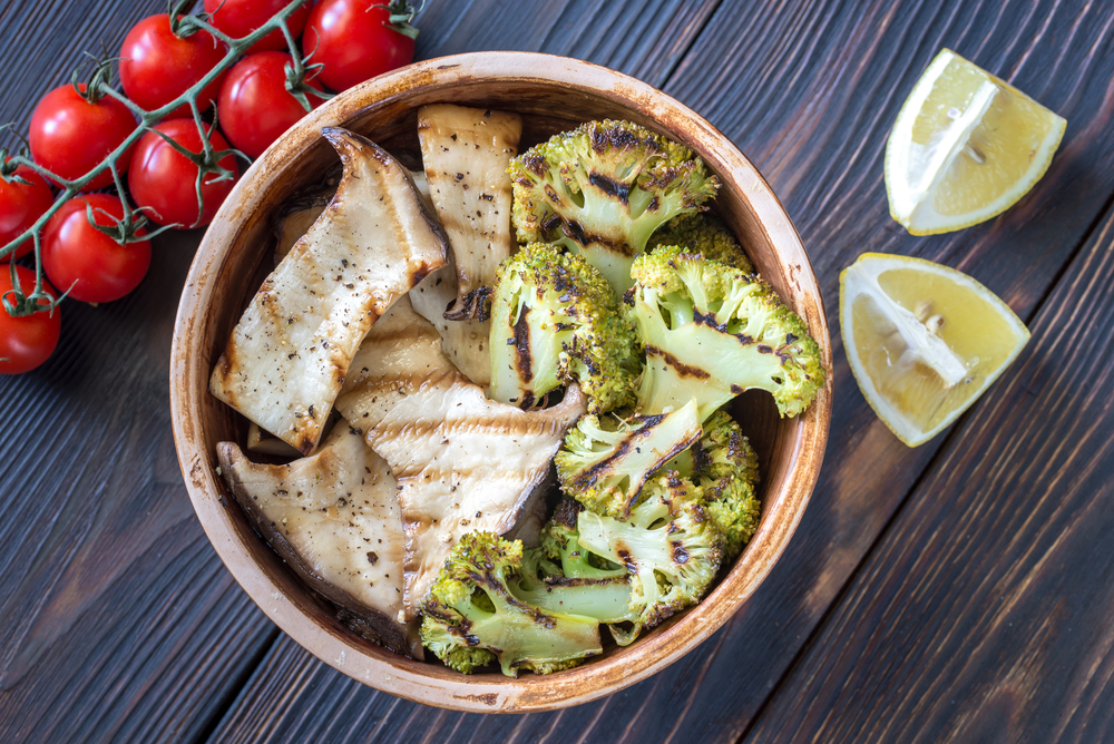 Grilled king oyster mushrooms with broccoli