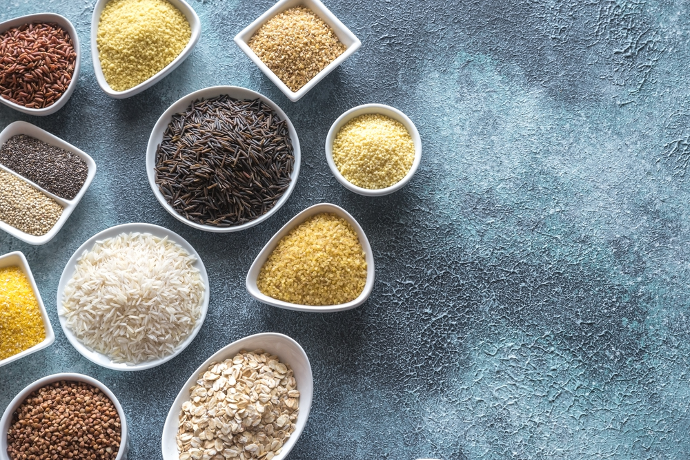 Assortment of grains on the gray background